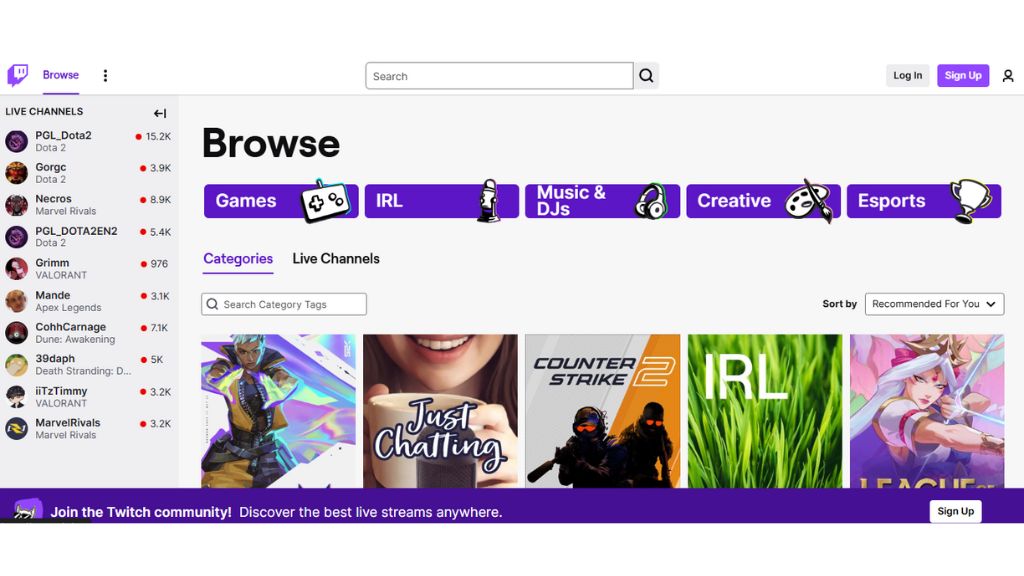 Types of categories for twitch streaming