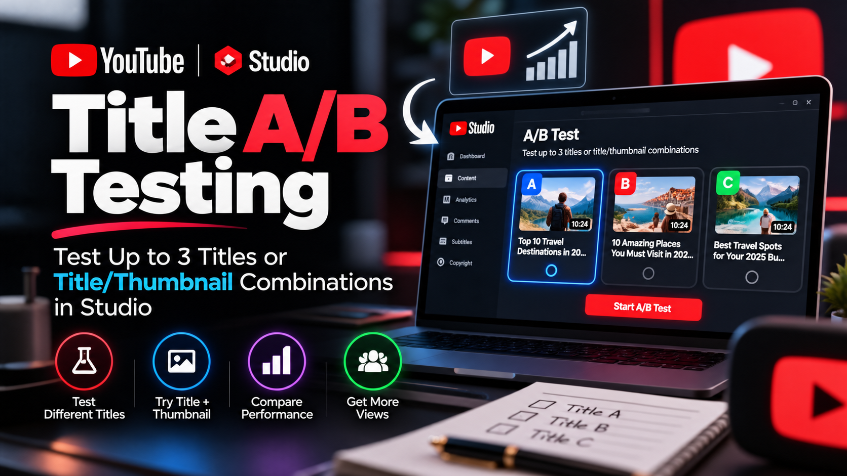 YouTube Title A/B Testing: Test Up to 3 Titles or Title/Thumbnail Combinations in Studio